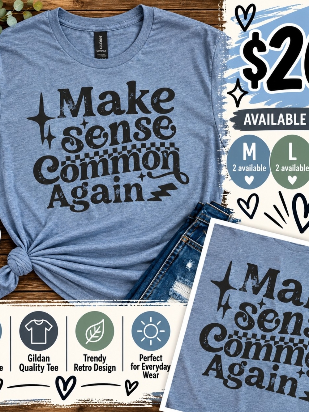 Gildan Light Blue 'Make Sense Common Again' Retro Graphic Tee